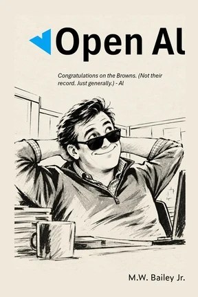 Cover of Open Al: The Rewrite: a pen-and-ink sketch of a grinning man in sunglasses leaning back at his desk, hands behind his head, with a coffee mug and laptop in front of him, on cream paper under the title in black with a small blue check-mark.